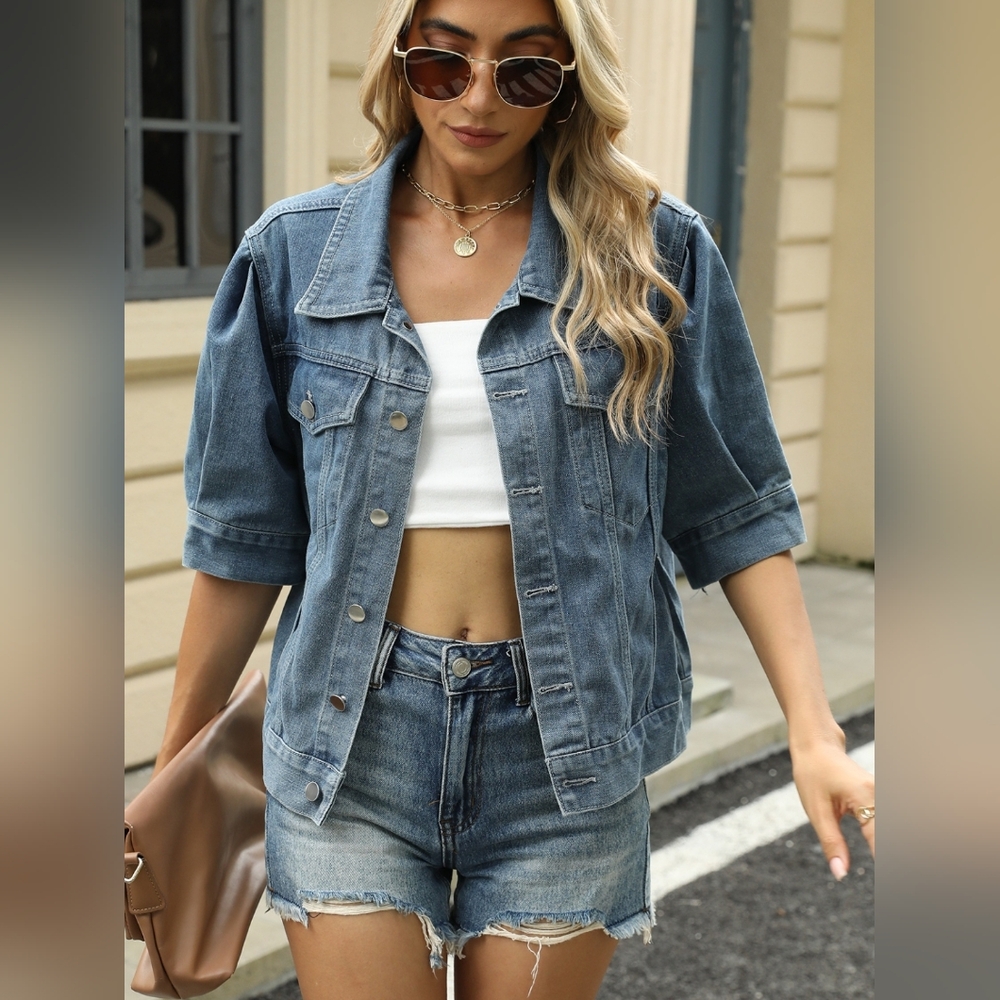 Classic Denim Blue Jean Jacket Pleated Half Short Sleeve Button-up Chest Pocket
